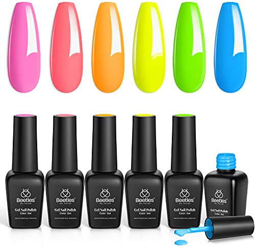 Beetles Gel Nail Polishes - 6 Color Kit with Neon Orange, Yellow, Blue, Green, Pink. Soak Off Nail Lamp & DIY Manicure Kit