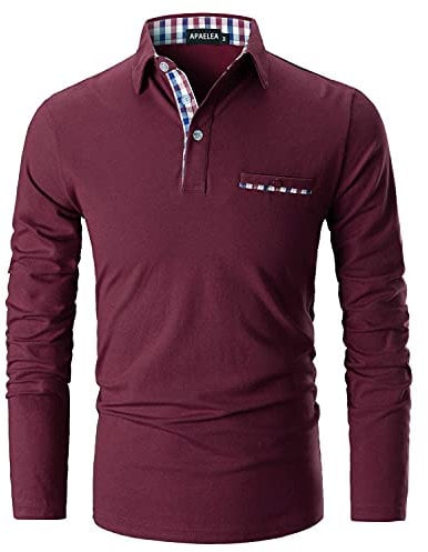 APAELEA Men's Long Sleeve Polo Shirt Casual Rugby Shirts with Plaid Down Collar,Red,L