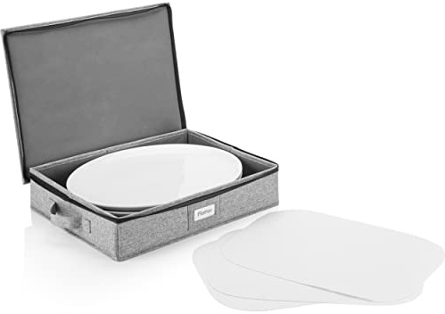 Platter Storage, Hard Shell, China Storage Containers, Stackable with Lid | 17W x 13D x 4H, 3 Large Felt Dividers, Serveware Storage Case with Side Handles, Padded Interior, for Serving Dishes