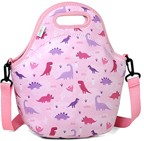 VASCHY Lunchtasche Kinder, 10L Neopren Lunchbag Kühltasche Klein Faltbar Lunchbox Tasche für Jungen Mädchen Schule Kita Kindergarten,Rosa Dinosaurier