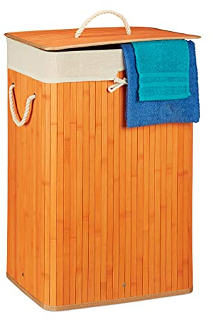 1 x Wäschekorb Bambus, mit Deckel, rechteckig, XL, 83 L, faltbarer Wäschesammler, HxBxT: 65,5 x 43,5 x 33,5 cm, orange