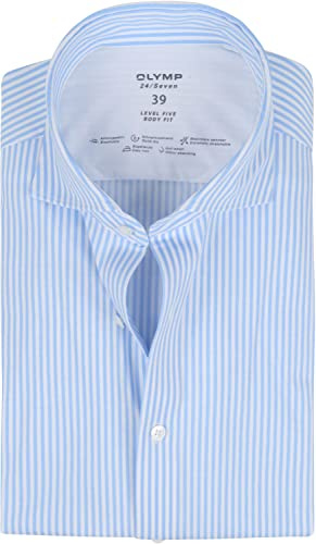 OLYMP Level Five 24/Seven Body fit Hemd Langarm Jersey Streifen hellblau