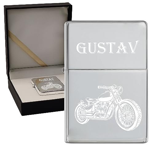 KDO MAGIC - Feuerzeug personalisiert - Eingravierter Vorname - Farbe Grau - Geschenkidee für Herren, Geburtstag, Vatertag (Motiv: Motorrad)