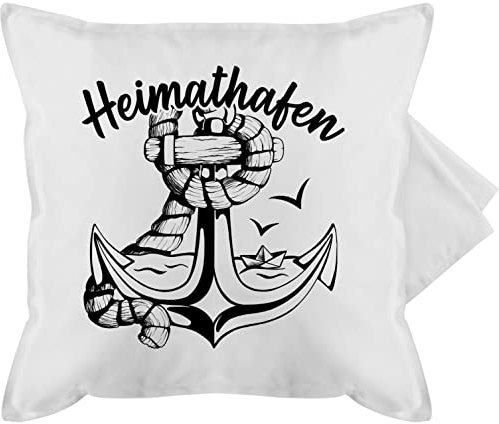 Kissenbezug - Statement - Heimathafen mit Anker und Papierboot - 50 x 50 cm - Weiß - Kissen Maritime kissenbezüge sprüche bezug maritim kissenhüllen sofakissen baumwollkissen kissenhülle gurli