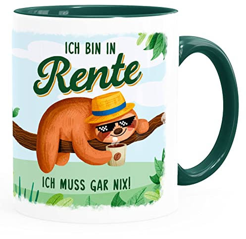 MoonWorks® Kaffee-Tasse Rentner Spruch Ich bin in Rente Ich muss gar nix! lustiges Geschenk zur Rente Ruhestand weiß-innen-grün standard