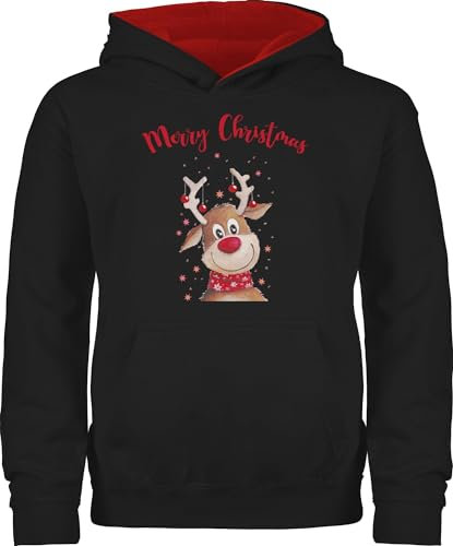 Pullover Kinder Hoodie Jungen Mädchen - Weihnachten - Merry Christmas Rentier I Elch - 140 (9/11 Jahre) - Schwarz/Rot - rentierpullover Familie weihnachtshoodie weihnachtsmotiv Rentiere Pulli