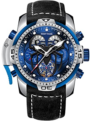 REEF TIGER High-End leuchtende Sport Automatikuhr Spinne Zifferblatt mit Jahr Monat Ewiger Kalender Leder Mechanische Uhren RGA3532SP (RGA3532SP-YLLB)