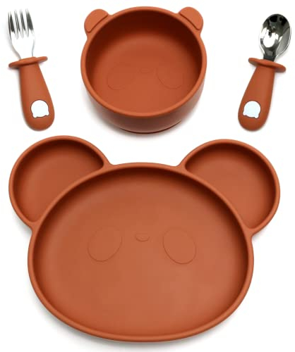 K-BABY Set Assiette bébé ventouse + bol bébé ventouse + couvert bebe inox et silicone - Antidérapante - Coffret bebe à partir de 4 mois - Sans BPA - Cadeau enfant (Rouge tomette)