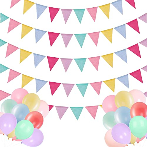 5 Stück Wimpelkette, Flaggen Banner Wimpel Girlande, Wimpelkette Outdoor Wetterfest, Wimpelkette Stoff, Leinen Mehrfarbig Dreieck Flaggen mit 24 Balloons für Kinderzimmer Party Hochzeit Dekoration