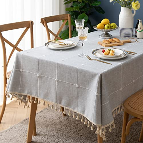 Bestickte quadratische Tischdecke Kariert Rustikal Knitterfrei Stoff Tischdecke für Küche Essen Party Urlaub, Grau kariert, 140 x 140 cm