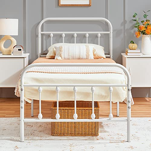 Yaheetech 3ft Single Bed Frame Vintage Iron Platform Bed with High Headboard and Footboard, Strong Metal-Framed Bed with Storage White