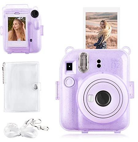 Rieibi Instax Mini 12 Tasche – Glitzerhülle für Fujifilm Instax Mini 12 Sofortbildkamera mit Fototasche auf der Rückseite, transparentem Schultergurt und Mini-Fotoalbum - Glitzer Lila