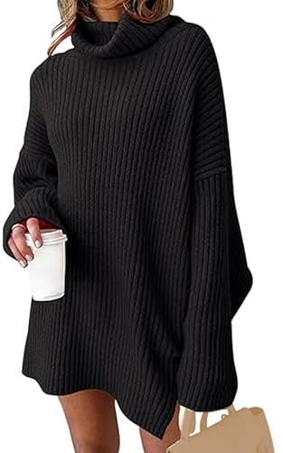 JFAN Vestito Maglia Allentato Donna Invernale Elegante Knitted Dress Collo Alto Abito Lungo Maglione per Autunno Inverno,Nero,Small