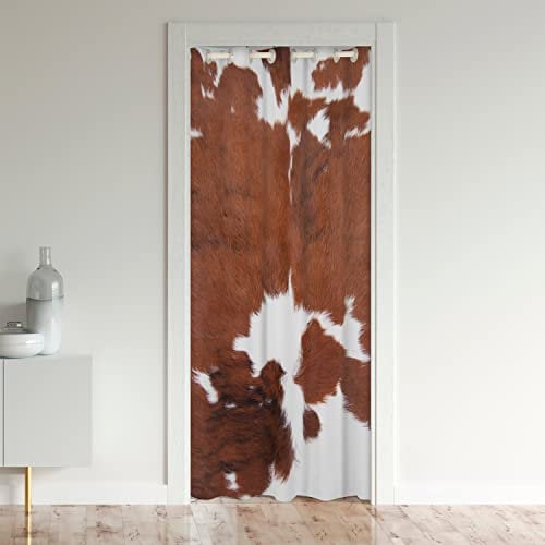 Cow Print Door Curtain, Cowhide Print Blackout Curtain for Door Window Closet Bedroom, Farmhouse Animal Hair Doorway Curtain, Rustic Western Door Drape Room Divider Curtains, Brown White 34W X 80L