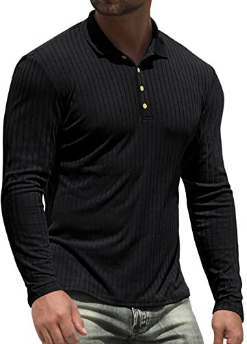 NITAGUT Men's Polo Shirts Long Sleeve Top Casual Slim Fit Golf Shirts Black, Large
