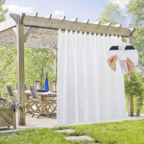 PONY DANCE Outdoor Vorhang mit Klettverschluss Pavillon Gardinen Weiss Transparent Outdoorvorhänge Wassidicht für Terrasse/Pergola/Gartenlaube, 1 Stück H 213 x B 254 cm