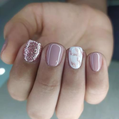 Danshinbow Lot de 24 faux ongles carrés courts avec strass - Rose nude à paillettes - À presser - Pour femmes et filles (rose 1)