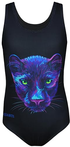 Aquarti Badeanzug Mädchen – Sportlicher Mädchen Badeanzug mit Ringerrücken Print, Farbe: Panther/Schwarz, Größe: 146