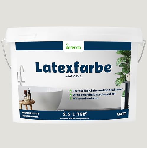 derendo Latexfarbe grau greige matt abwaschbar 2.5 Liter für Innen Küche Badezimmer streichen graue Wandfarbe hohe Deckkraft 2,5l