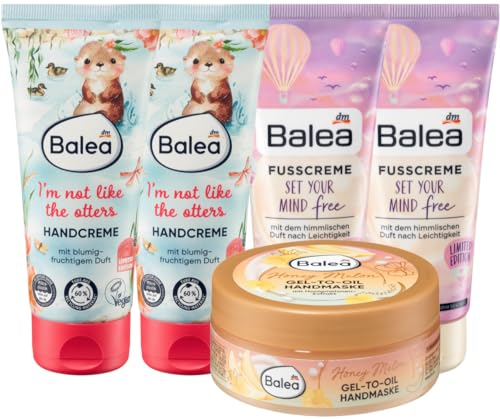 Balea 5er-Set Hautpflege: Handcreme I'M NOT LIKE THE OTTERS mit blumig-fruchtigem Duft (2 x 100 ml) + Fußcreme SET YOUR MIND FREE (2 x 100 ml) + Handmaske GEL-TO-OIL mit 80% Öl-Anteil (75 ml), 475 ml