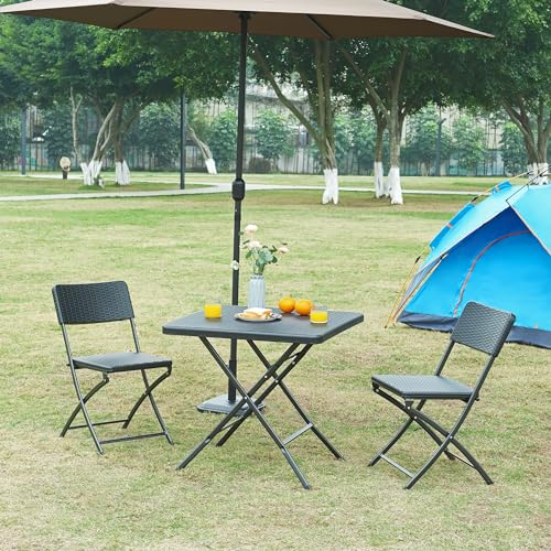 [en.casa] Mesa Plegable Exterior Mesa Cuadrada de Jardín para Eventos Recepciones Acampada Picnic Terraza Esctructura Metálica Tablero de Plástico 78x78x74cm - Efecto Ratán Negro