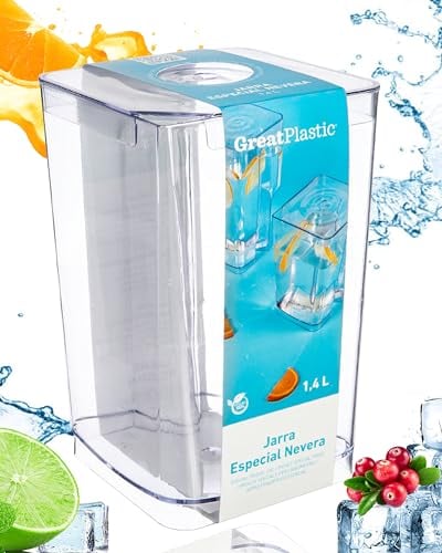 Pichet à eau transparent avec couvercle – Design carré en plastique – Parfait pour porte de réfrigérateur – Réservoir à thé pour jus de limonade (1.4 L)