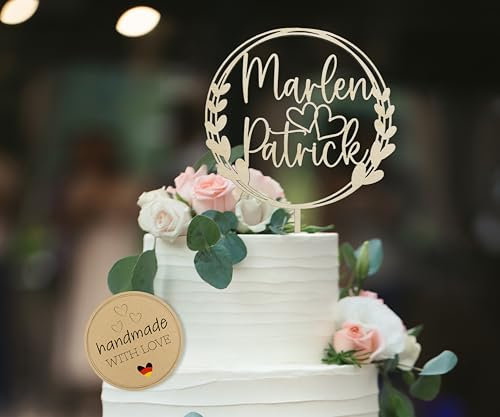 Birdart Box® Tortenstecker mit deinem Text – hochwertiger Tortenstecker aus Holz, moderner Cake Topper mit Namen (Nussbraun, Variante 1)