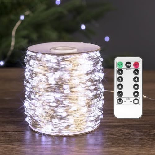 PCORES 50M Fairy Lights 500 LED Cool White Silver Wire Remote Control Indoor Outdoor Plug in String Lights for Bedroom Living Room Patio Porch Garden Christmas Tree