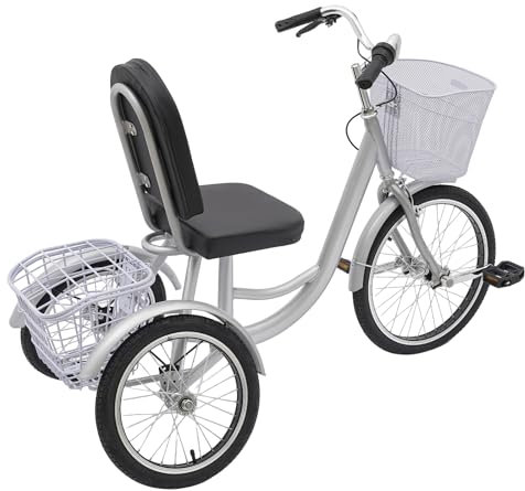 TFIANYNI 135x66CM Dreirad Für Senioren Für 1.5-1.85m 150kg, Mit 2 Korb, Hochkohlenstoffstahl 3 Räder Fahrrad Dreirad Für Erwachsene, Bremssattel-Bremse, Geschenke (Silber)