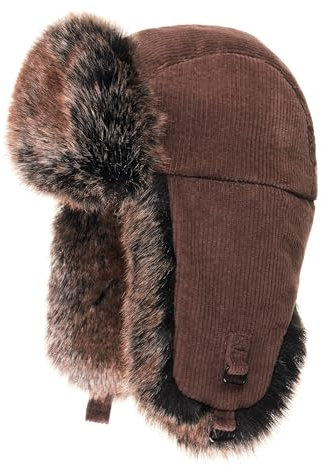 Futrzane Trappermütze aus Cord - Ushanka Damen - Winter Mütze mit Ohrenklappen (M, Braun - Braun Siberian)