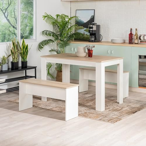 FURNITABLE Esstisch Set Sentio,Eiche+Weiß 120 x 70 cm mit 2 Bänken 3-teilig Essgruppe Tischgruppe Sitzgruppe Holztisch Küchentisch