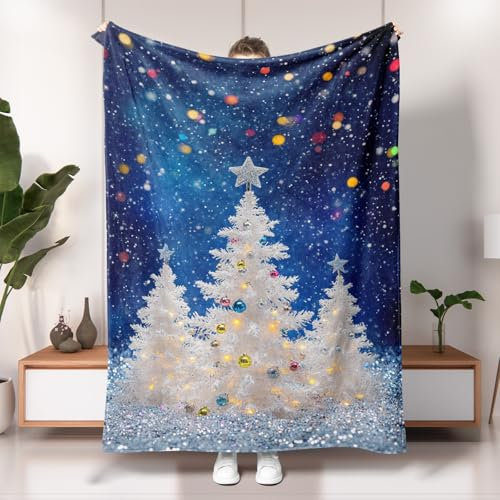 Mantas navideñas de invierno, manta de árbol de Navidad azul nevado, acogedora decoración navideña de felpa suave para sala de estar, sofá, todas las estaciones, 60 x 80 pulgadas