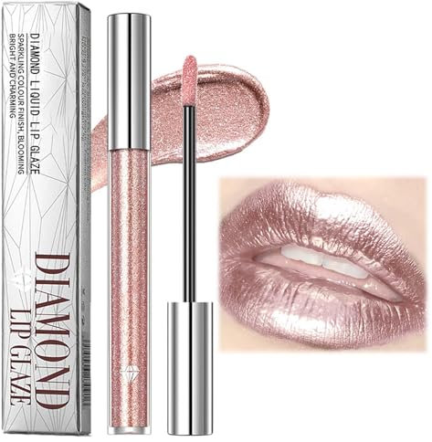 Metallic Diamond Glitter Lip Gloss - Waterproof, Lightweight, Long-Lasting Pink Shimmer Lipstick with Soft Metallic Eyeshadow, Nonstick Cup and Shiny Sparkle
