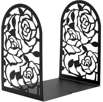 1 Pair Rose Metal Bookends,Modern Creative Rose Pattern Hollowed Nonskid Iron Book End Decorative Bookends Desk Organizer Book Shelf Holder for Kid Girl Library Home School Office Decoration (Black)
