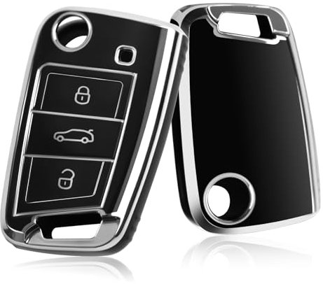 CDEFG Kompatibel mit VW T-ROC/T-Cross/Golf 7/Polo MK6/Tiguan 2/Leon 5F/Ateca/Arona/Kamiq/Fabia 3 Schlüssel Hülle AutoschlüSsel Silikon Schutzhülle 3-Tasten Funkschlüsse Auto Zubehör (Schwarz)