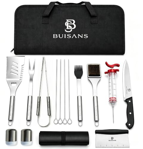 Buisans Kit Barbacoa 15 Piezas con Estuche, Utensilios Barbacoa Acero INOX | Accesorios barbacoa y kit BBQ acero inoxidable, set barbacoa para parrilladas, camping, jardín y terraza con estuche portátil