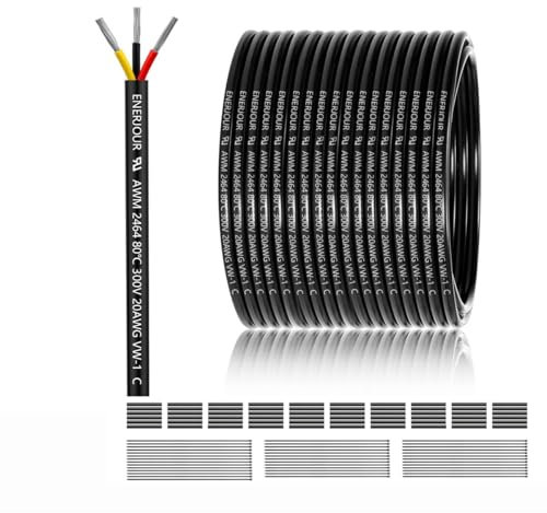 Câble à 3 conducteurs 20 AWG - 3 x 0,5 mm² - 60 m - Fil à 3 fils en cuivre étamé - PVC 20AWG - 3 fils - Pour DC 5 V/12 V/24 V, éclairage LED, câble d'extension, voiture, etc. - Certification CE