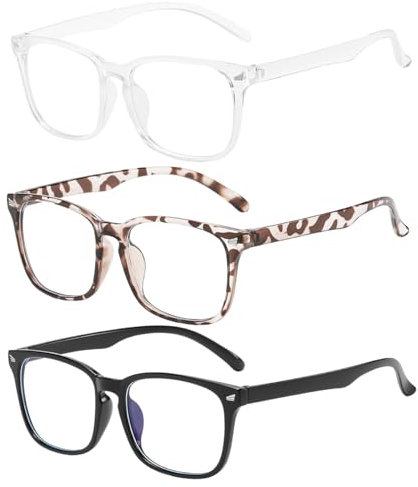 KEYRI 3 Pack Gafas Luz Azul Marco Cuadrado para Reducir los Dolores de Cabeza y Mejorar el Sueño Gafas Filtro Luz Azul Reading Glasses para Mujeres y Hombres (Transparente, Negro y Leopardo Claro)
