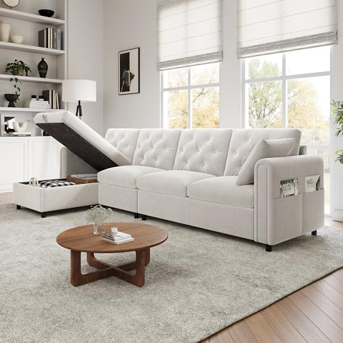 Merax Sofa Ecksofa mit Stauraum und Schlaffunktion, 4-Sitzer Couch mit Armlehnen-Taschen und 2 Kissen, Big Sofa L Form - Moderne Reversible-Design, Bequeme Samtstoff, Beige
