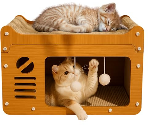 DECCART Katzen | Katzenhaus aus Karton mit Kratzpappe Häuschen Katzenhöhle für drinnen nachhaltiges Kratzhaus als Schlafplatz Spielhaus und