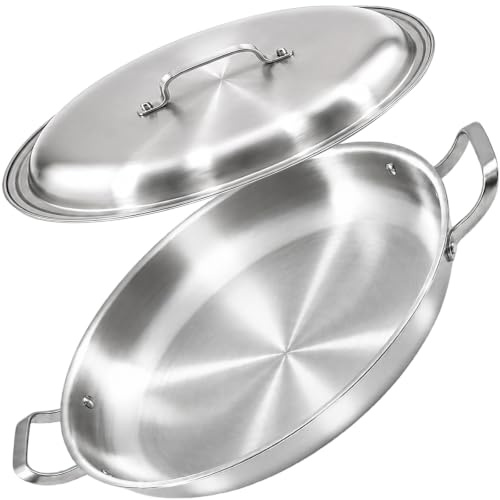 DELARLO 16 Inch 5-Ply Stainless Steel Paella Pan with Lid, Large Skillet