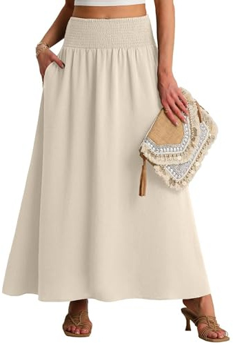 QIXING Damen Sommerrock Lang A-Linie Smocked Hohe Taille Swing Plisseerock mit Taschen Boho Maxirock(Aprikose, L)