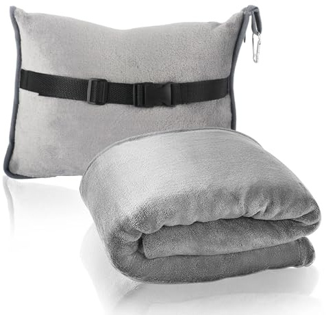 Eulihent Travel Blanket and Pillow 2 in 1 Airplane Blanket Ultralight Compact Foldable Soft Flannel Blanket with Luggage Belt and Backpack Clip for Long Flights, Camping, Car, Business Trips (Grey)
