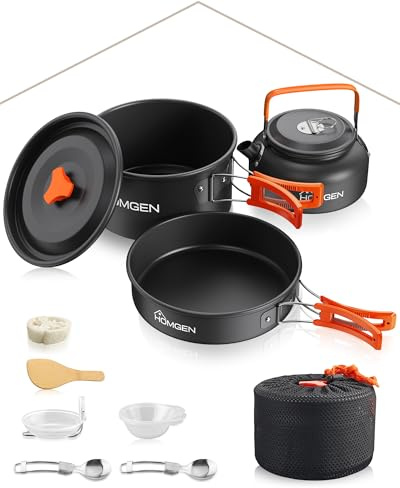 HOMGEN Juego de utensilios de cocina de camping portátiles | Portátil y ligero, juego de ollas y sartenes de camping, adecuado para una estufa de camping, con bolsa de almacenamiento