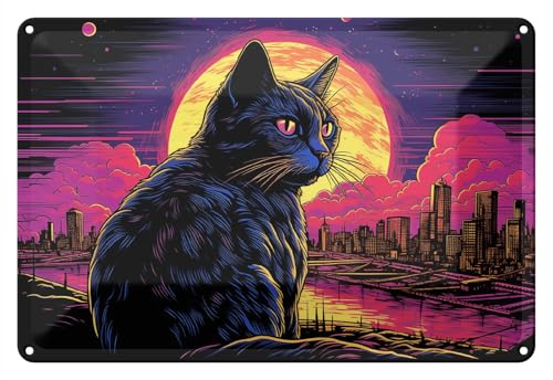 Wallario Blechschild Wandbild aus Metall Katze unter Vollmond - 20 x 30 cm in Premium-Qualität: Brillante Farben