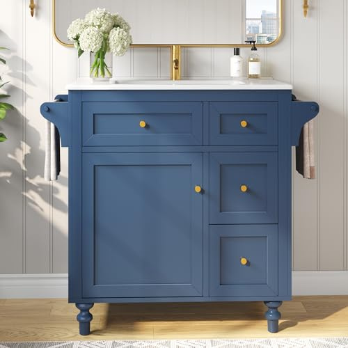 DACHETOU Tocador de baño de cerámica liso, azul, 99,5 x 45 x 86 cm, lavabo con cajones extraíbles y toallero