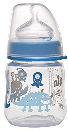 NIP Weithalsflasche mit Anti-Kolik Sauger: Baby Trinkflasche mit ACTIFLEX- System, Made in Germany, BPA-Frei, Silikon, Einheitsgröße, Saugloch M-mittlerer Trinkfluss, 150 ml, Boy