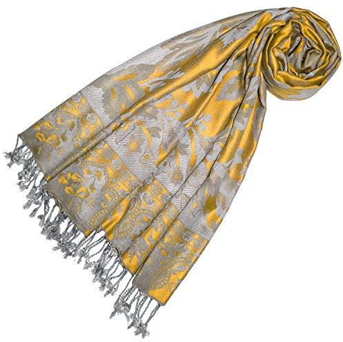 Lorenzo Cana Marken Pashmina Damen Schal Schaltuch Stola Umschlagtuch Naturfaser opulentes Muster in harmonischen gelb grau Farben mit Fransen 70 cm x 200 cm - 78444