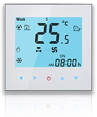 BecaSmart 1000 Series WiFi Thermostat pour Deux tuyaux Ventilo-convecteur climatisation Blanc Ecran Tactile LCD de Programmation Intelligent sans Fil Commande vocale