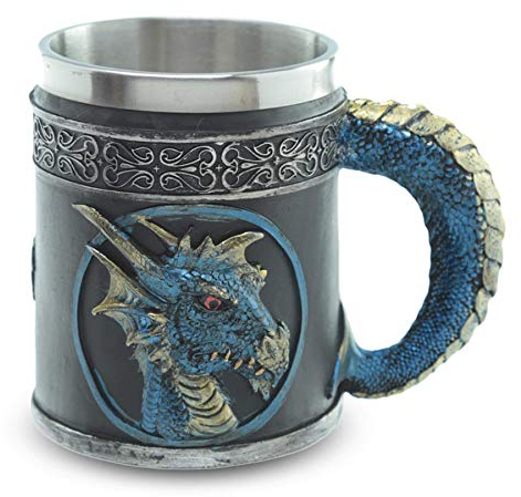 Deko Krug ''Blood of the Azur Dragon'' - Drachen-Becher (0,35l) mit geschupptem Griff - Blau - Höhe 11 cm - Fantasy Mittelalter